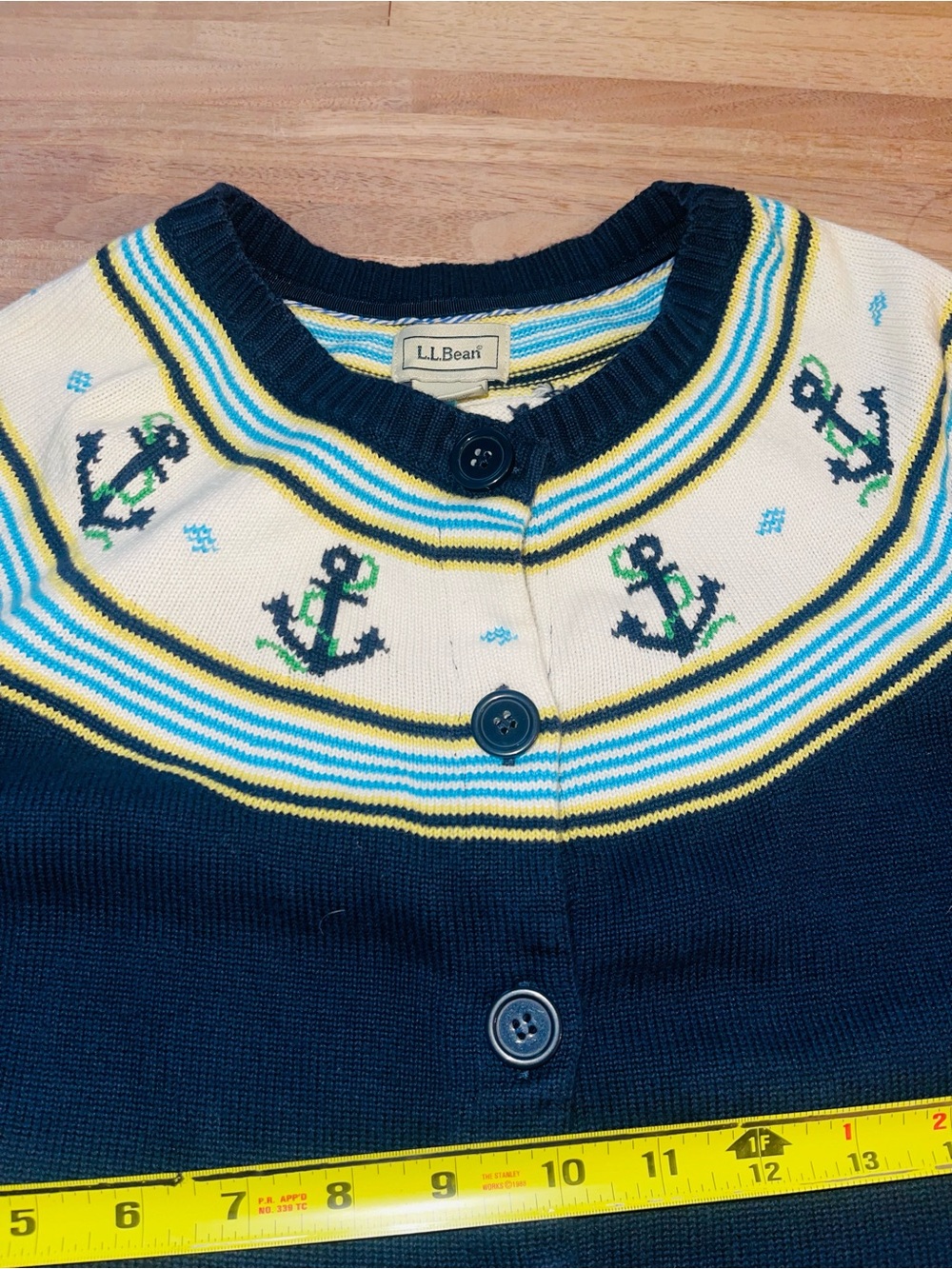L.L. Bean Vintage Navy Cream & Yellow Knit Cardigan with Anchor | Coastal | L - Picture 5 of 9